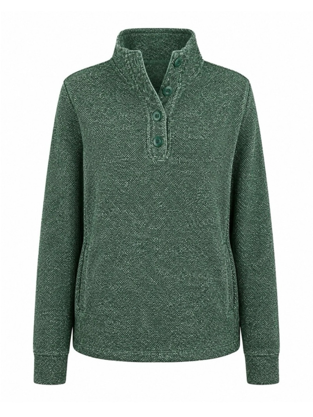 Eddie Bauer Sweater Womens Medium Green Fleece Henley Mock Neck Pullover Buttons